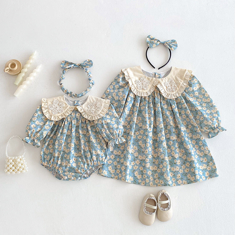 【姉妹服】花刺繍襟ロンパース、ワンピースSK101135