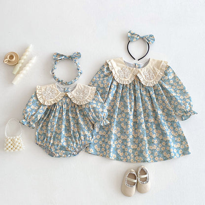 【姉妹服】花刺繍襟ロンパース、ワンピースSK101135