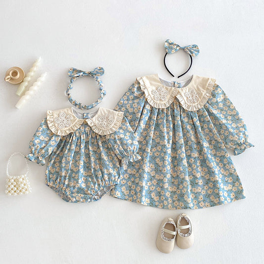 【姉妹服】花刺繍襟ロンパース、ワンピースSK101135
