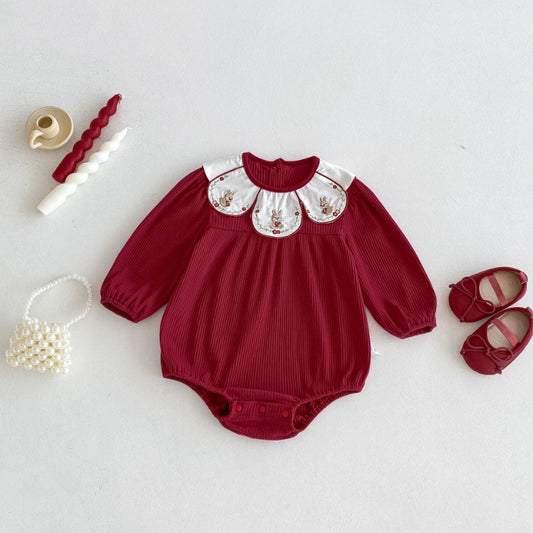 【BABY】小兔刺繍花びら襟ロンパースSK092801