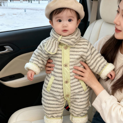 【BABY】冬新作グリーン×グレーボーダーカバーオール&マフラーSK103206
