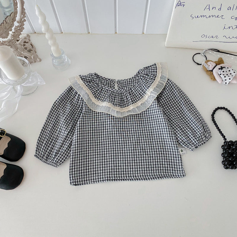 【BABY】チェックレースブラウス、ベージュワイドパンツSK101430