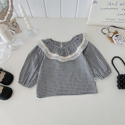 【BABY】チェックレースブラウス、ベージュワイドパンツSK101430