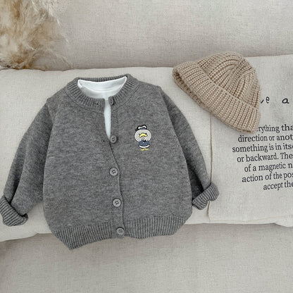 【BABY&KID】アヒル柄カーディガン、オートミールTシャツ、グレー系カジュアルパンツSK100223
