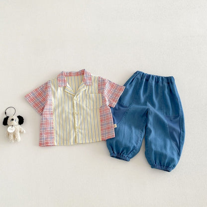 【BABY&KID】夏新作韓国風ストライプ半袖シャツ、デニムパンツSK104824