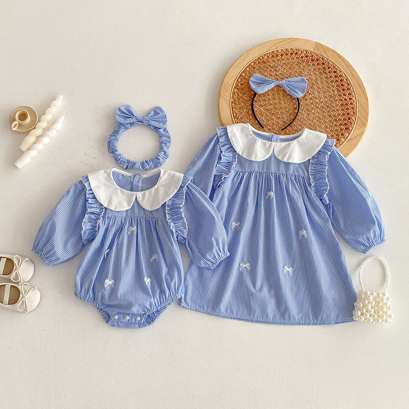 【姉妹服】ブルーストライプロンパース、ワンピースSK101113