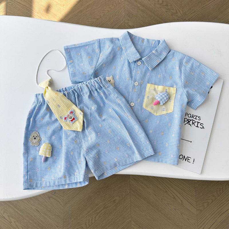 【BABY】夏新作 チェック柄わんこ刺繍セットアップSK090621