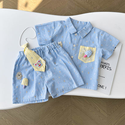 【BABY】夏新作 チェック柄わんこ刺繍セットアップSK090621