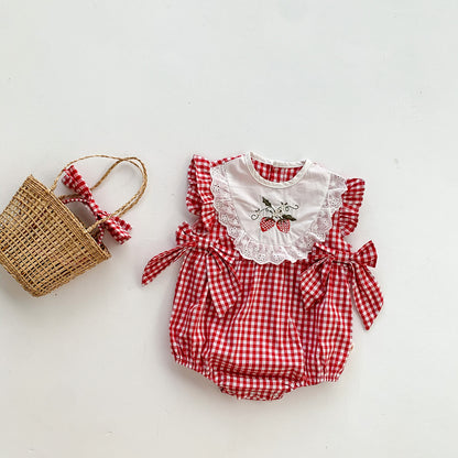 【BABY】夏新作 イチゴ柄チェックロンパースSK062302