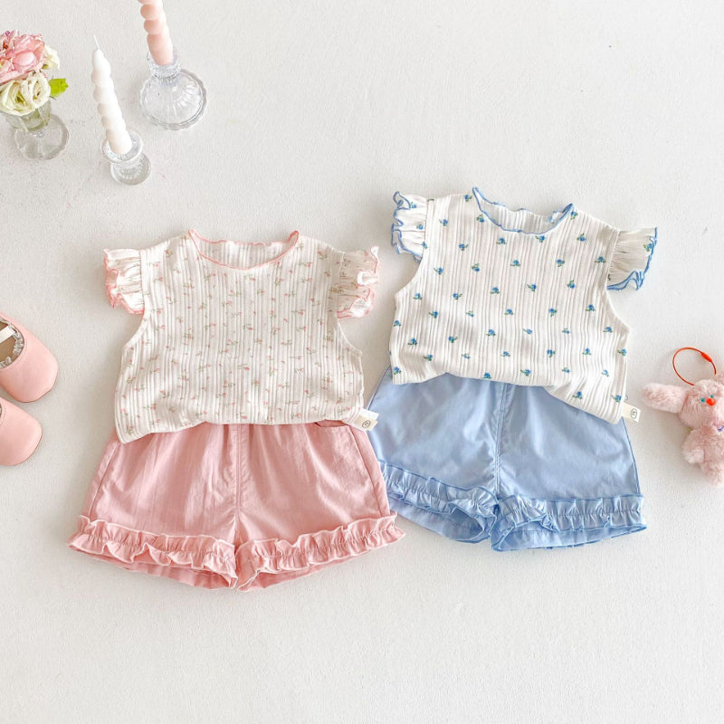【BABY&KID】夏新作 ニットフリル袖Tシャツ、ョートパンツSK080615