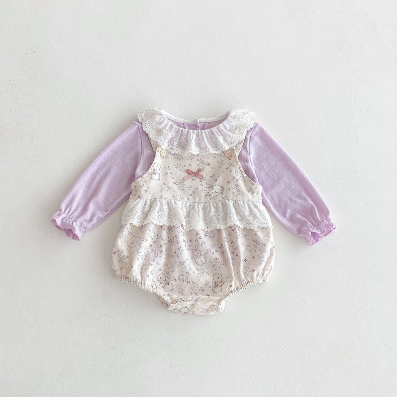 【BABY】レース襟Tシャツ＆うさぎサロペットロンパースSK092303