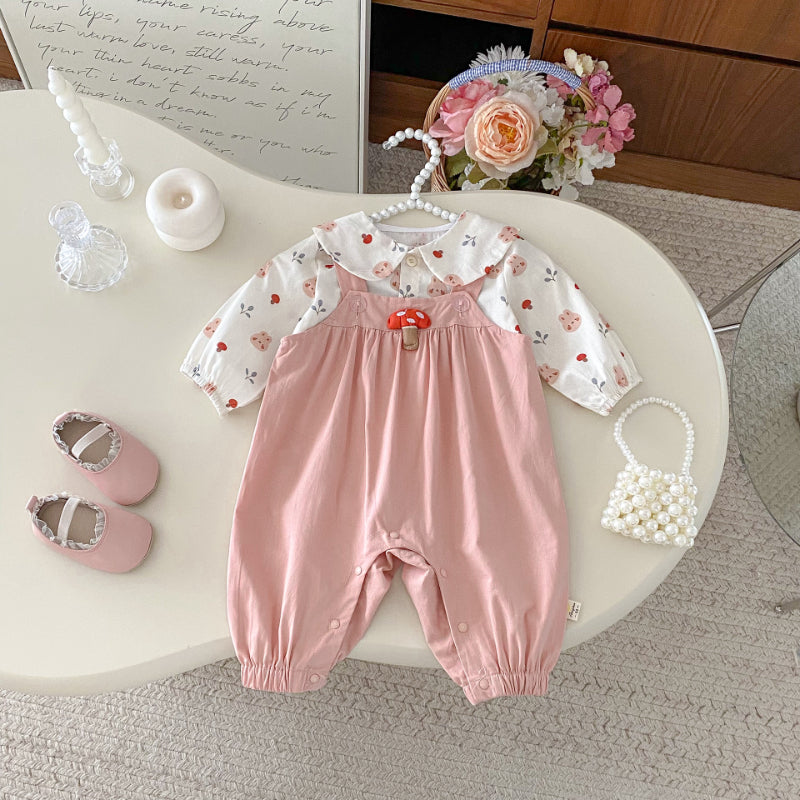 【BABY】小さな襟シャツ＆きのこサロペット2点セットSK092302