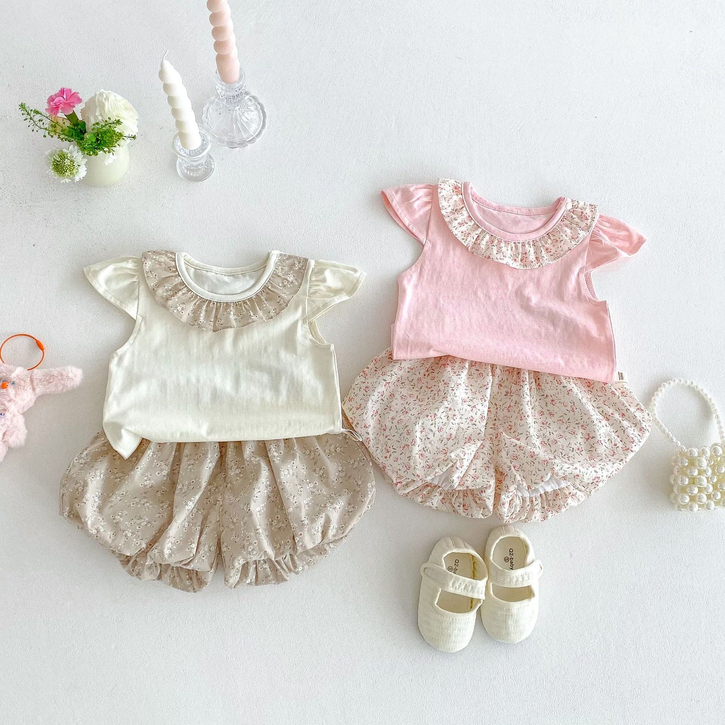 【BABY&KID】夏新作 フリル襟トップス＆フラワーパンツSKO71217