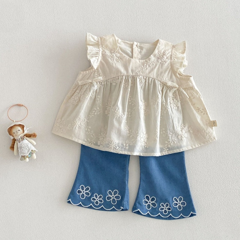 【BABY&KID】夏新作 ジャカードフリルスリーブブラウス、刺繍デニムパンツSK105215