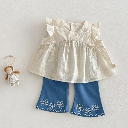 【BABY&KID】夏新作 ジャカードフリルスリーブブラウス、刺繍デニムパンツSK105215