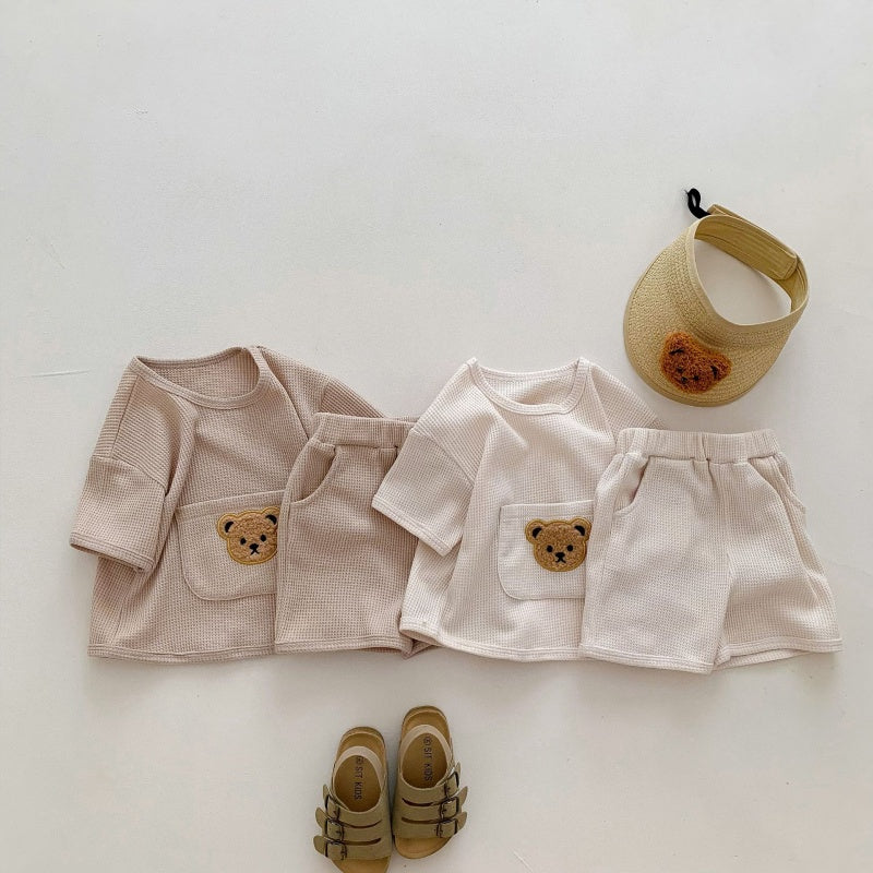 【BABY】夏新作 ワッフル大ポケットくまセットアップSK092621