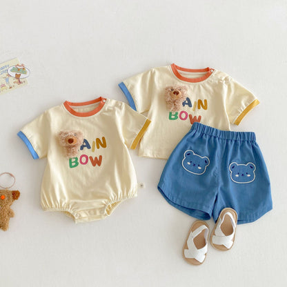 【BABY】夏新作  カラーバリBOWベアロンパース、Ｔシャツ、パンツSK061607