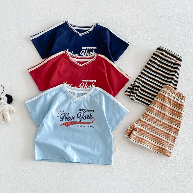 【BABY&KID】夏新作VネックロゴTシャツ、ボーダーショートパンツSK105515