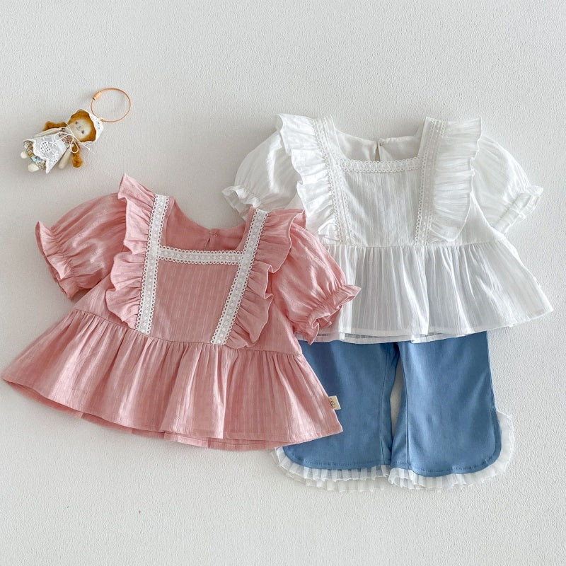 【BABY&KID】夏新作 フリルスリーブスクエアネックブラウス、デニムパンツSK105216