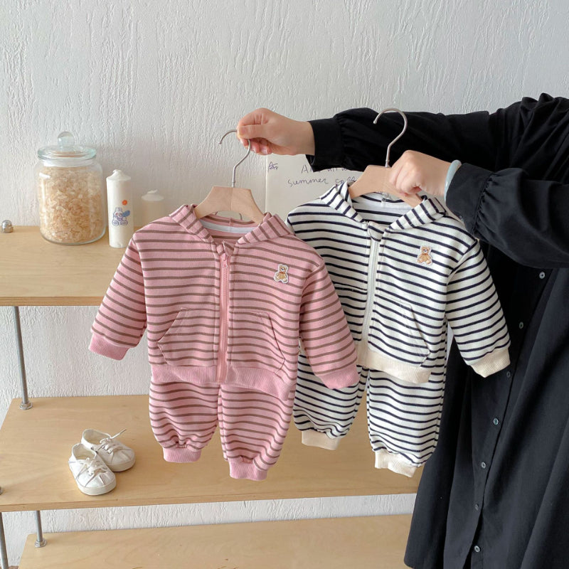 【BABY&KID】フード付きボーダーアウター＆パンツセットSK092439