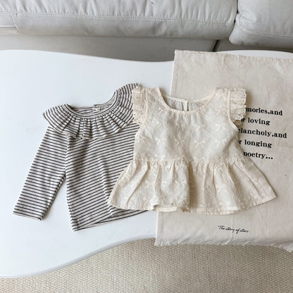 【BABY】蝶結び刺繍ベスト＆ボーダーTシャツ、ブラックフレアパンツSK101432