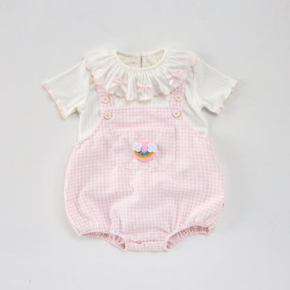 【BABY】夏新作 チェックサロペットロンパース＆TシャツSK092615