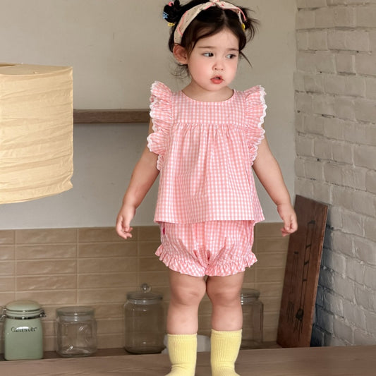 【BABY&KID】夏新作フリルスリーブチェックセットアップSK105713