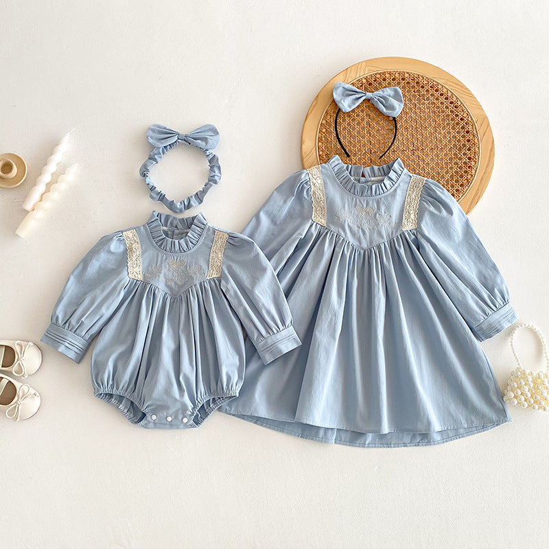 【姉妹服】フリル襟刺繍ロンパース、ワンピースSK101131