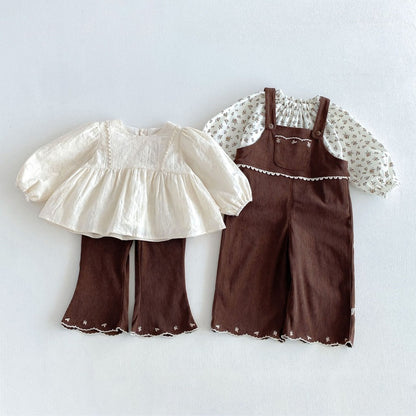 【BABY&KID】パフスリーブシャツ、刺繍サロペット、フレアパンツSK107213