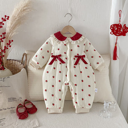 【BABY】冬新作いちご柄レース襟カバーオールSK102710