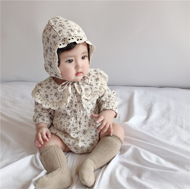 【BABY】 レース付け折り襟小花柄帽子付き長袖ロンパースSK062001