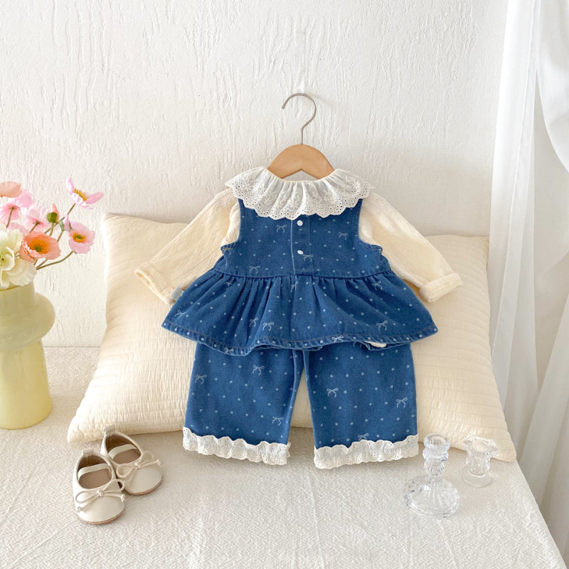 【BABY&KID】蝶結びプリントセットアップ、レース襟カーディガンSK092324