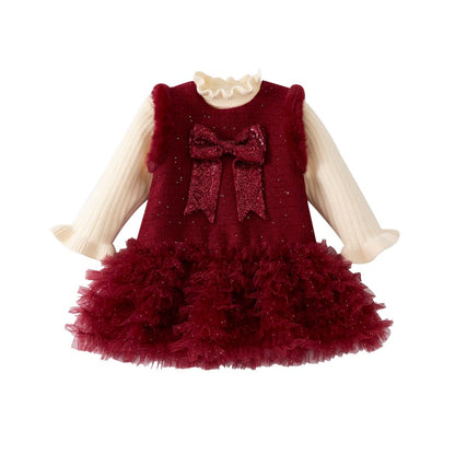 【BABY】冬新作蝶結びチュール厚手ワンピースSK103118