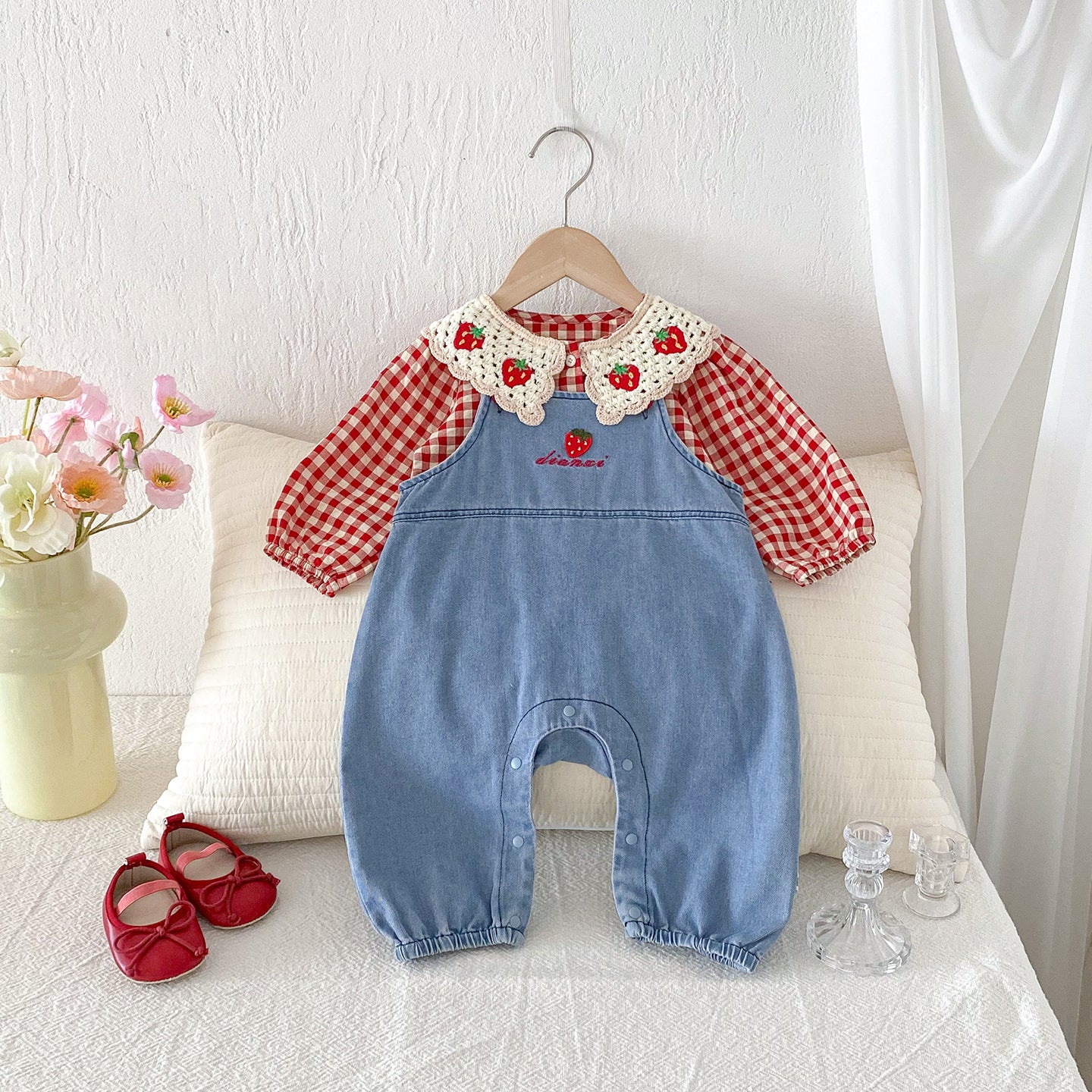 【BABY】いちごチェックブラウス&いちご刺繍サロペットSK100804