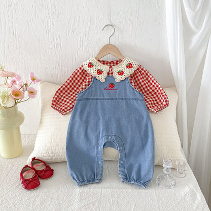 【BABY】いちごチェックブラウス&いちご刺繍サロペットSK100804