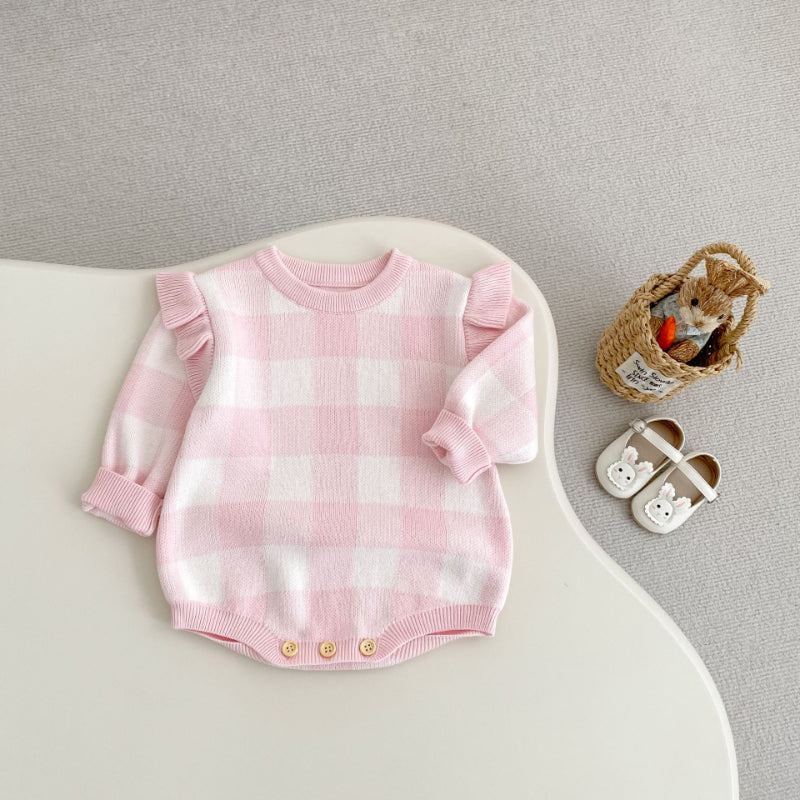 【BABY】チェックフリル袖ロンパースSK100603