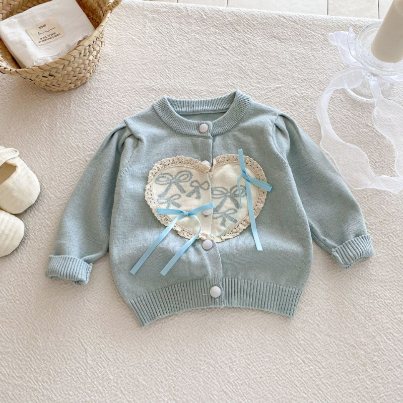 【BABY】レースハート蝶結びニットカーディガンSK092423