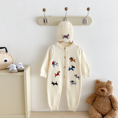 【BABY】ワンちゃん刺繍ニットカバーオール＆帽子SK092505
