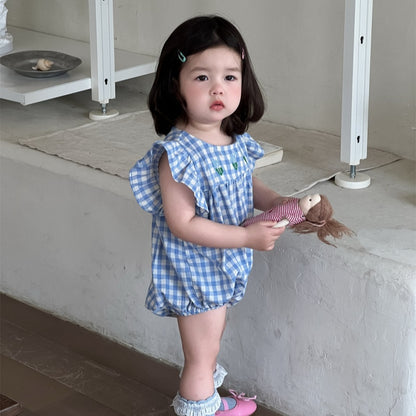 【BABY】夏新作 フラワー、チェック刺繍ロンパースSK082308