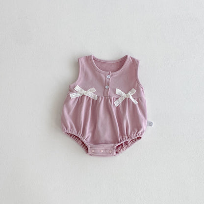 【BABY】リボンクルーネックロンパース、花刺繍カラーTシャツSK100741