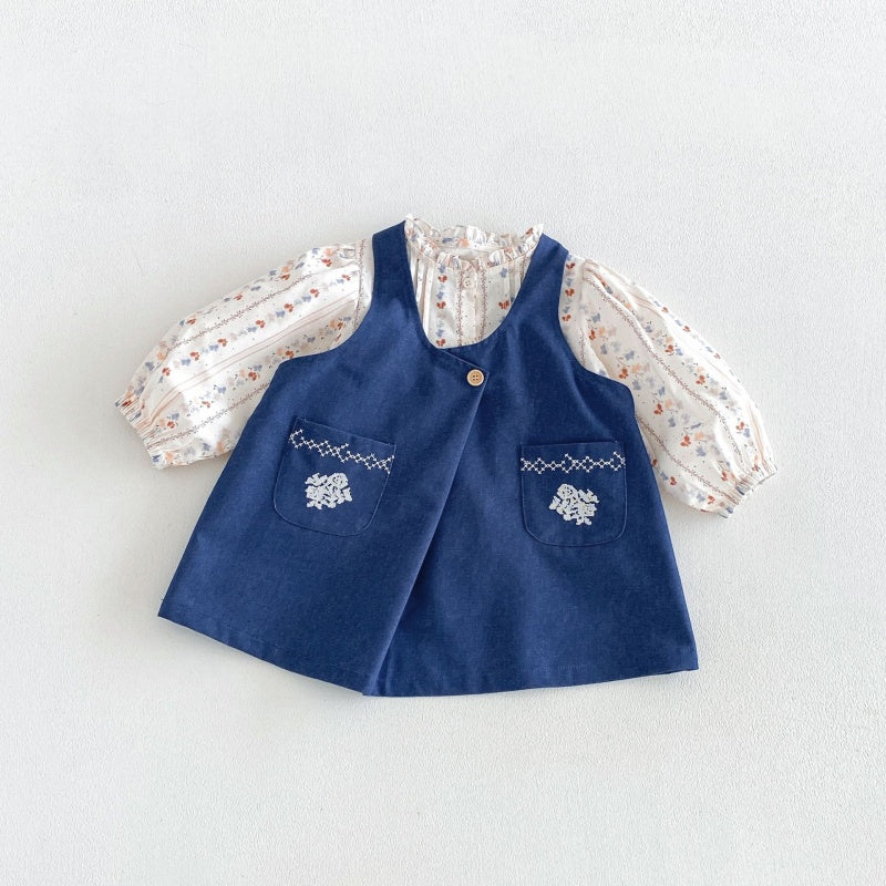 【BABY&KID】小花柄シャツ、刺繍ジャンパースカートSK107210