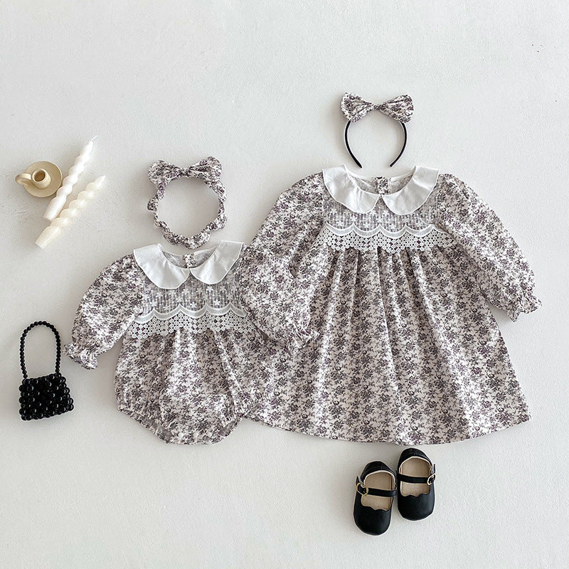 【姉妹服】森ガール風レース花柄ロンパース、ワンピースSK101127