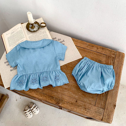 【BABY】夏新作 デニム刺繍トップス＆ショーツセットアップSK071915