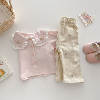 【BABY&KID】夏新作 ピンク刺繍ブラウス、刺繍フレアパンツセットSK070610