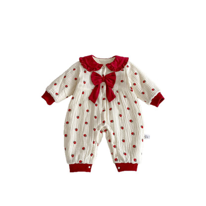【BABY】冬新作大きなリボン付きいちご裏起毛カバーオールSK102711