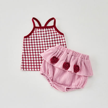 【BABY】夏新作 チェック柄タンクトップ＆花柄ショートパンツSK072308