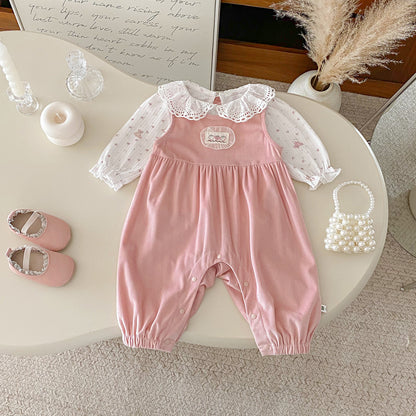 【BABY】フリルトップス&ピンクサロペットパンツSK100441