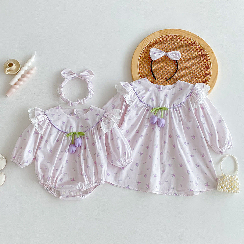 【姉妹服】パープルチューリップロンパース、ワンピースSK101124