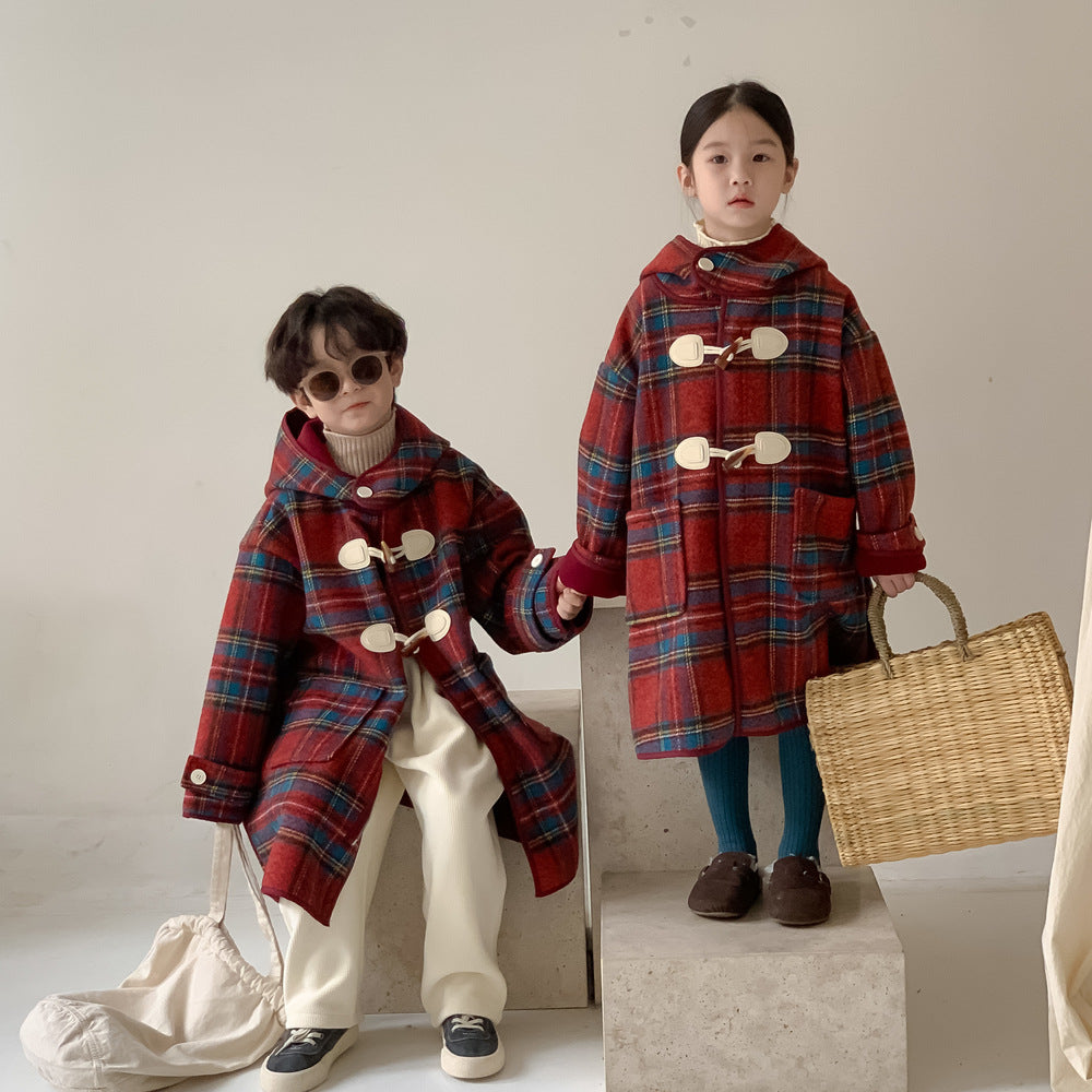 【BABY&KID】レッドチェック柄フード付けロングコートSK012701