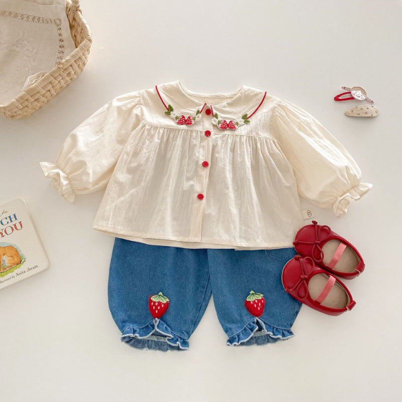 【BABY&KID】いちご刺繍ブラウス、いちごデニムパンツSK100319